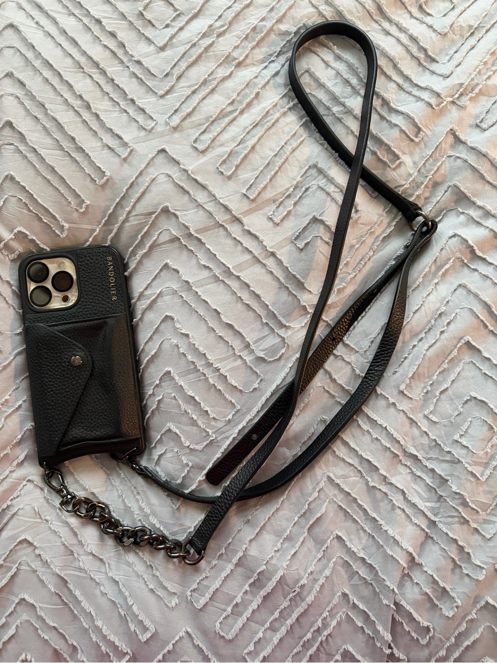 Bandolier Black Leather Crossbody Phone Case with Chain Strap and Card Pocket
